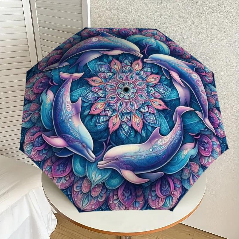

1pc Dolphin Mandala Artwork Automatic Folding Umbrella - Compact 8-Rib Design,Perfect Gift for Friends & Family yy250926025