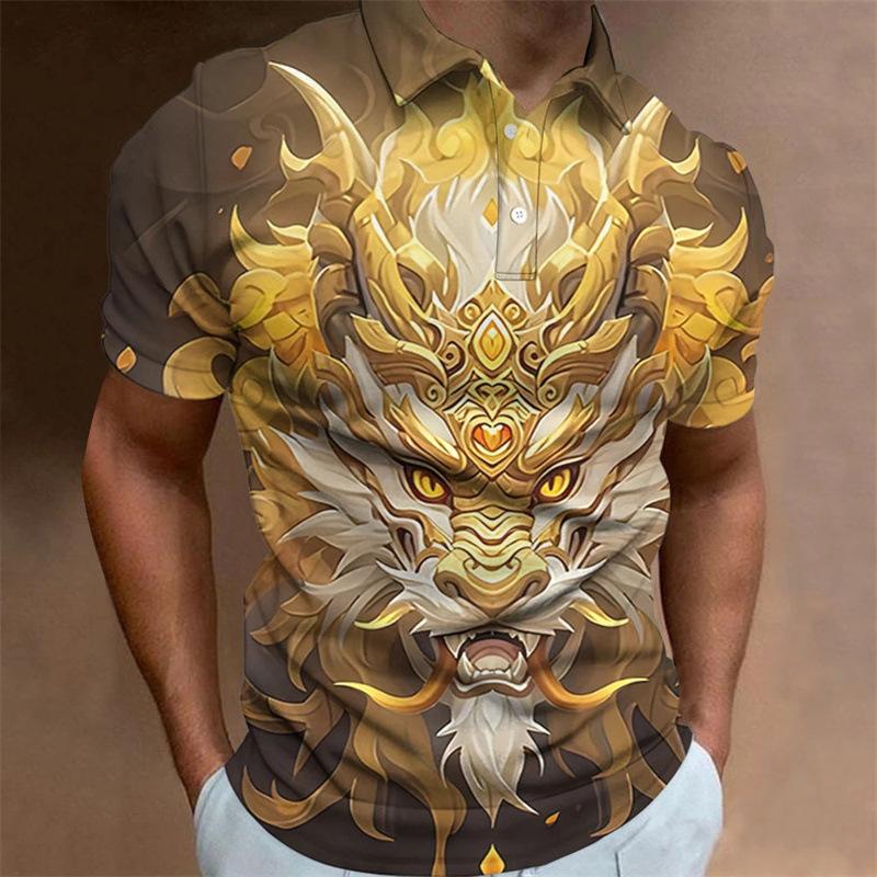 Bold Dragon Print Short Sleeve Polo Shirt, Casual Men's Fashion Top