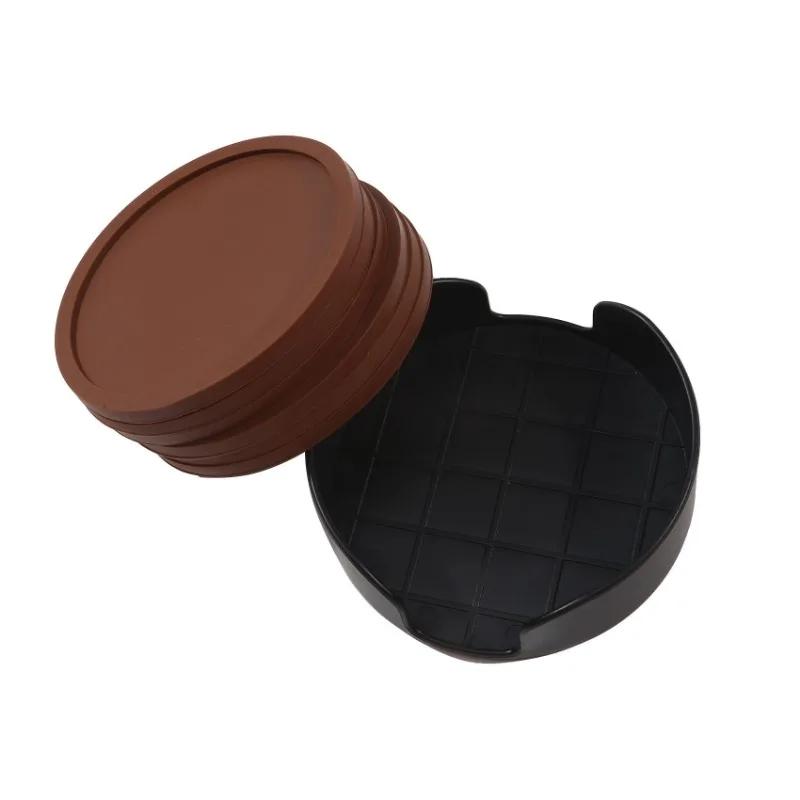 6 Pads 1 Plastic Holder Non-slip Silicone Drinking Coaster Set Holder Cup Coaster Mat Set Round Mat Home Office Table Decor
