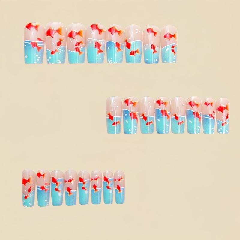 Long Square Press On Nail French Tips Fake Nail Full Cover False Nail with Fish Design Artificial Acrylic Nail for Women