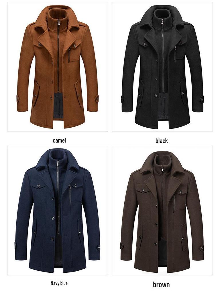 Men's Double Collar Woolen Coat: Autumn/Winter Business Style for Middle-Aged Men