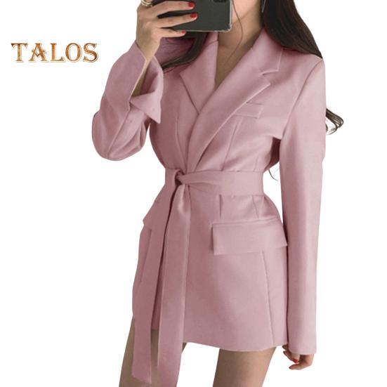 

Весна Осень Костюм Пальто Длинный Рукав Шнуровка Ремень Талия Костюм Пиджак Однотонный Карманы Клапаны Средняя Длина Деловая Верхняя Одежда L розовый