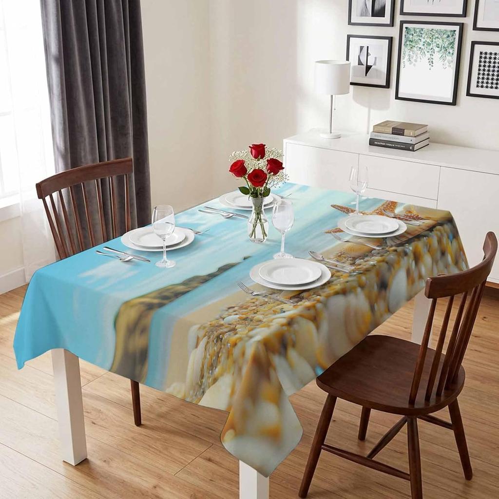 Summer Beach Shell Starfish Rectangle Tablecloth for Table Decor Blue Ocean Theme Kitchen Dining Table Cloth Holiday Party Decor