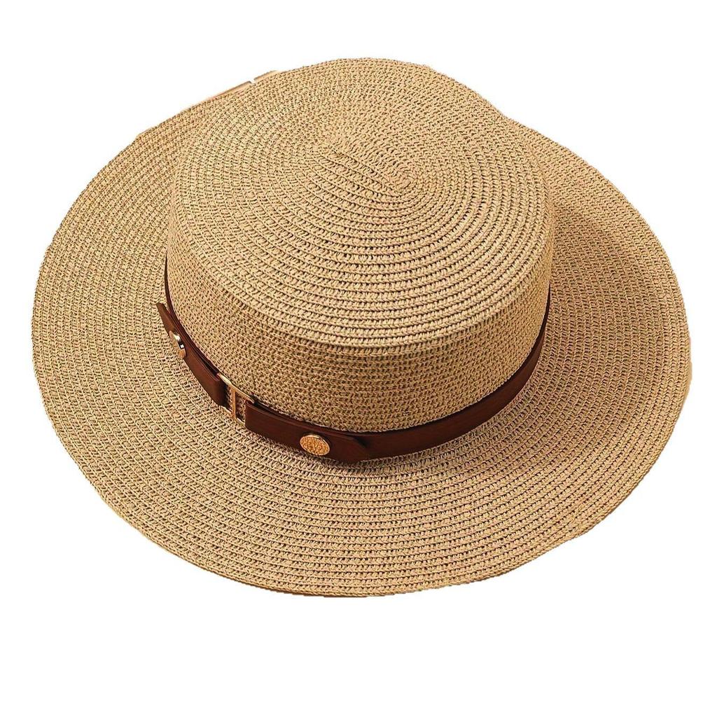 2025 Women's French Flat-Top Straw Hat for Large Heads, Wide Brim, Perfect for Beach Holidays and Sun Protection, Plus Size Woven Design.