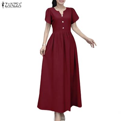 Women Summer V-Neck Casual Short Sleeve Long Dress