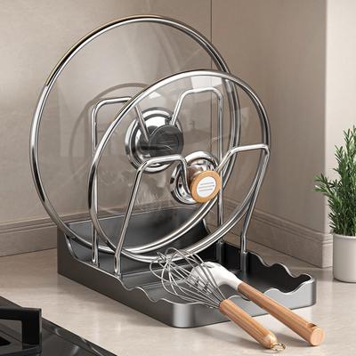 2-Tier Kitchen Pot Lid Rack Cutting Board Holder with Drip Tray, Multifunctional Countertop Organizer for Lids