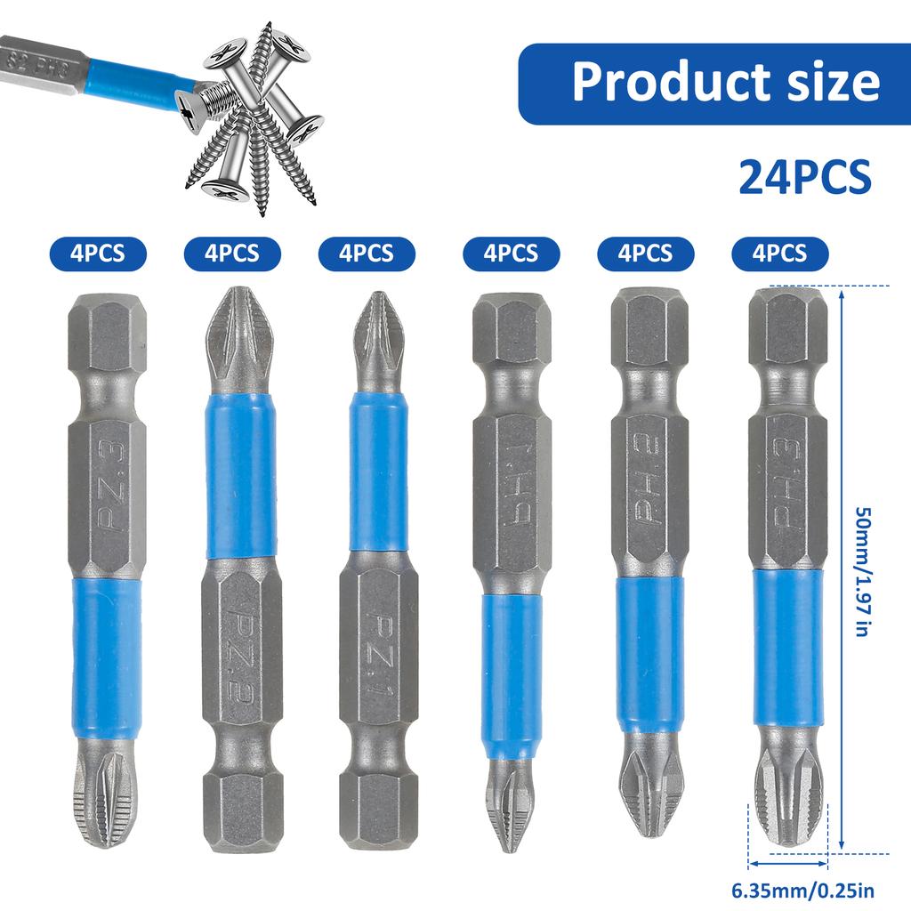 24Pcs Cross Head Screwdriver Bits 1/4 Inch Hex Shank Cross Slot Impact Driver Bit Set PH1 PH2 PH3 PZ3 Electric Screwdriver Tool