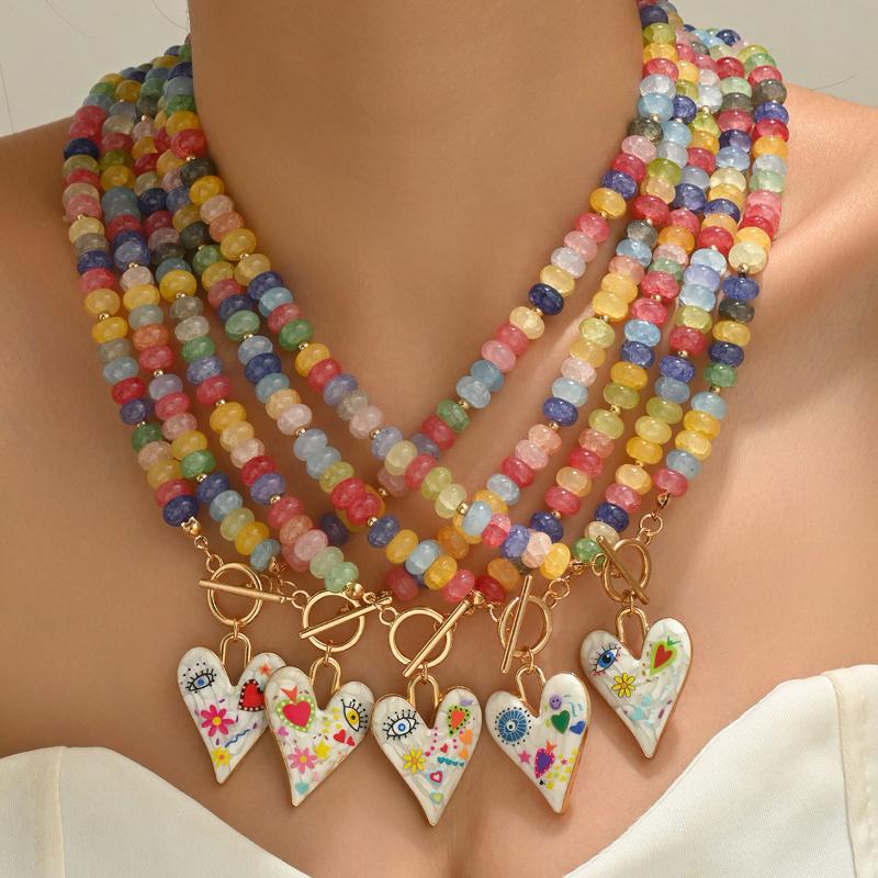 Dopamin Bunte Glas Herzförmige Perlen Anhänger Halskette Charm Damen Mädchen Femme Tägliche Kette Schmuck Zubehör Geschenke