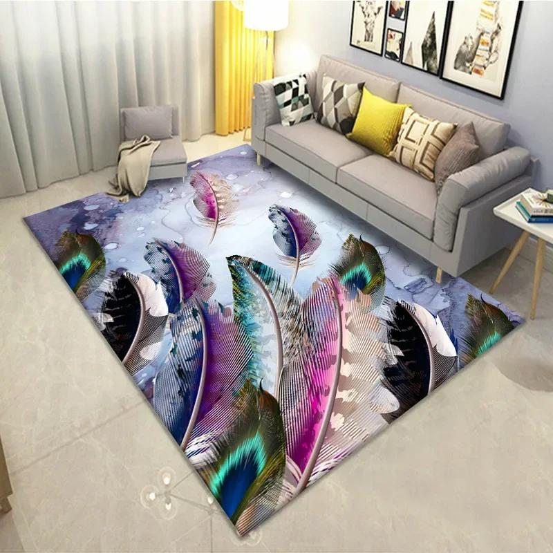 Feather Print Crystal Velvet Home Carpets for Living Room Decor Quality Wrapping Edge Rugs for Bedroom Dirt Tolerance Floor Mat