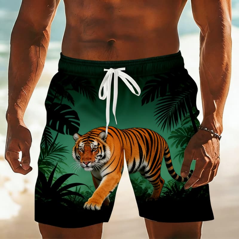 Men's Classic Retro Wild Animal Print Casual Shorts - Eagle Cougar Polar Bear Tiger Rhino Print Beach Shorts For Summer Vacation