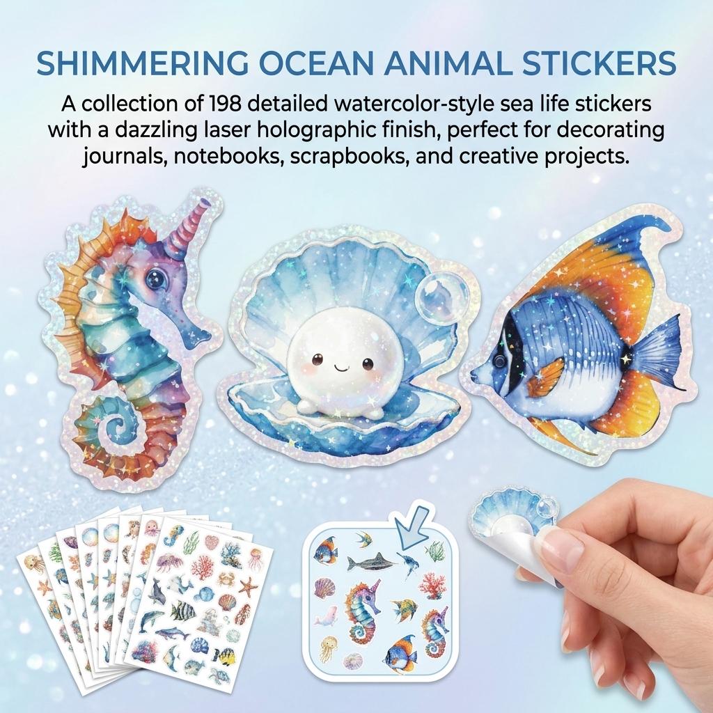 198Pcs Ocean Animal Stickers Blue Holographic Design Waterproof Vinyl Adhesive for Journal Decoration