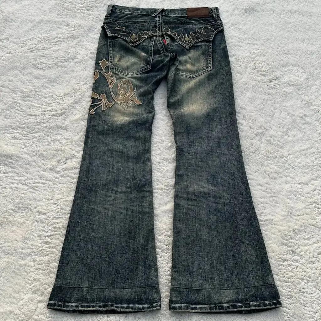 American Trendy Y2K Harajuku Retro Pattern Embroidery Washed Blue Jeans Women's Street Fashion Slim Pants