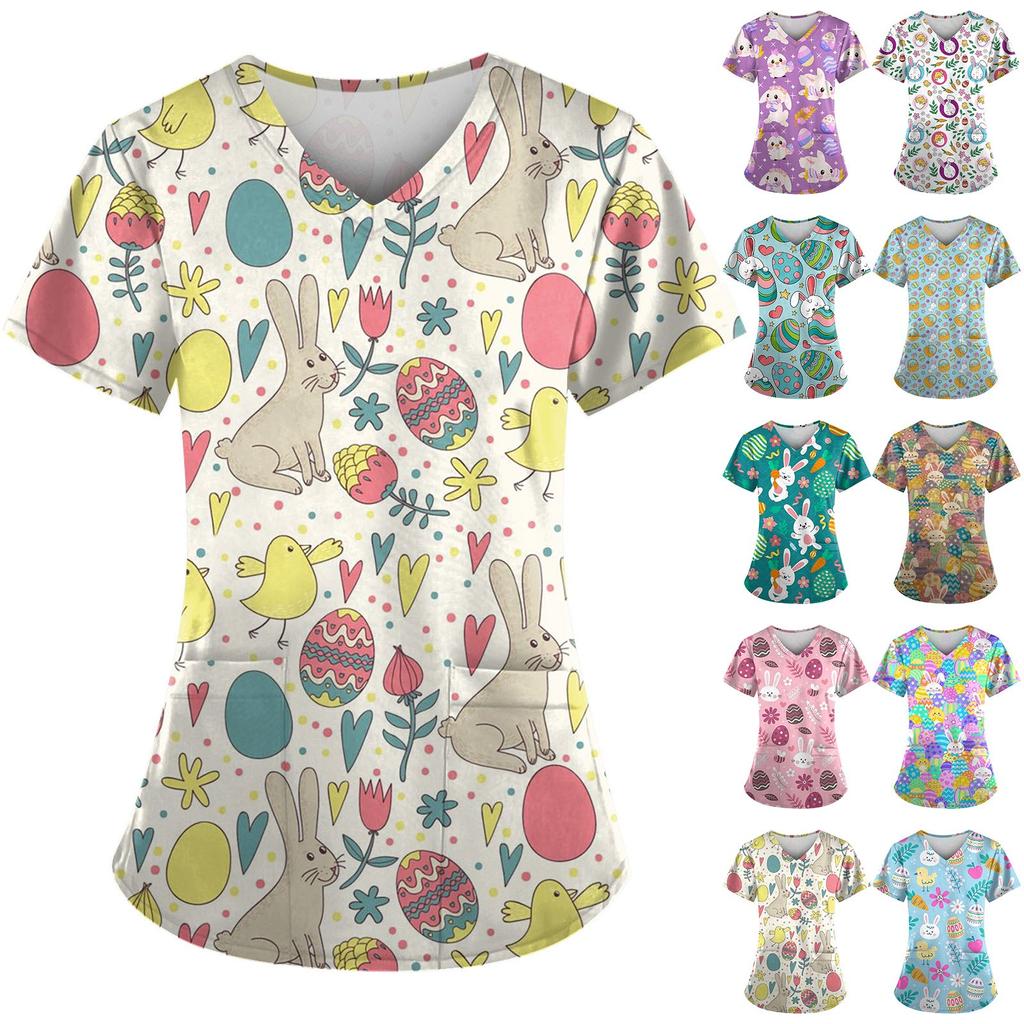 Plus Size Printed Scrub Working Uniform Tops For Women's V-Neck Short Sleeve Fun T-Shirts Workwear Tee With Pockets