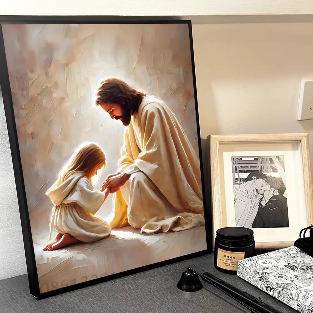 Jezus God Lam Engel Jongen Meisjes Bidden Bijbel Minimalistische Esthetiek Print Canvas Schilderij voor Woonkamer Moderne Woondecoratie