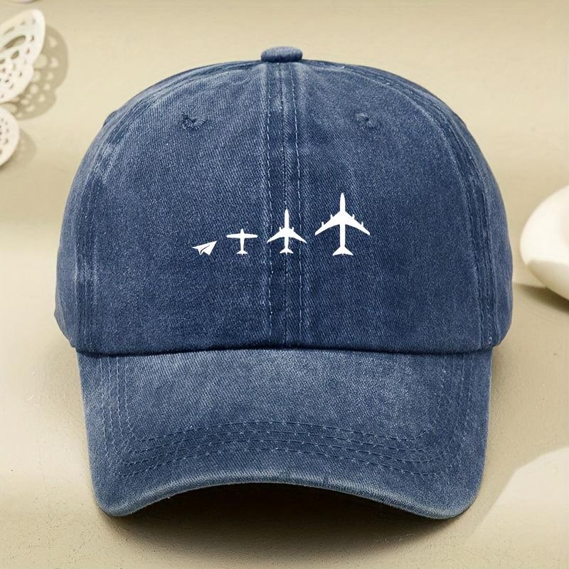 Retro airplane print washed baseball cap adjustable for both men and women, breathable black casual outdoor activity sun hat