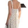 Summer French floral suspender dress, lace-up waist slim split A-shaped skirt medium and long vacation skirt