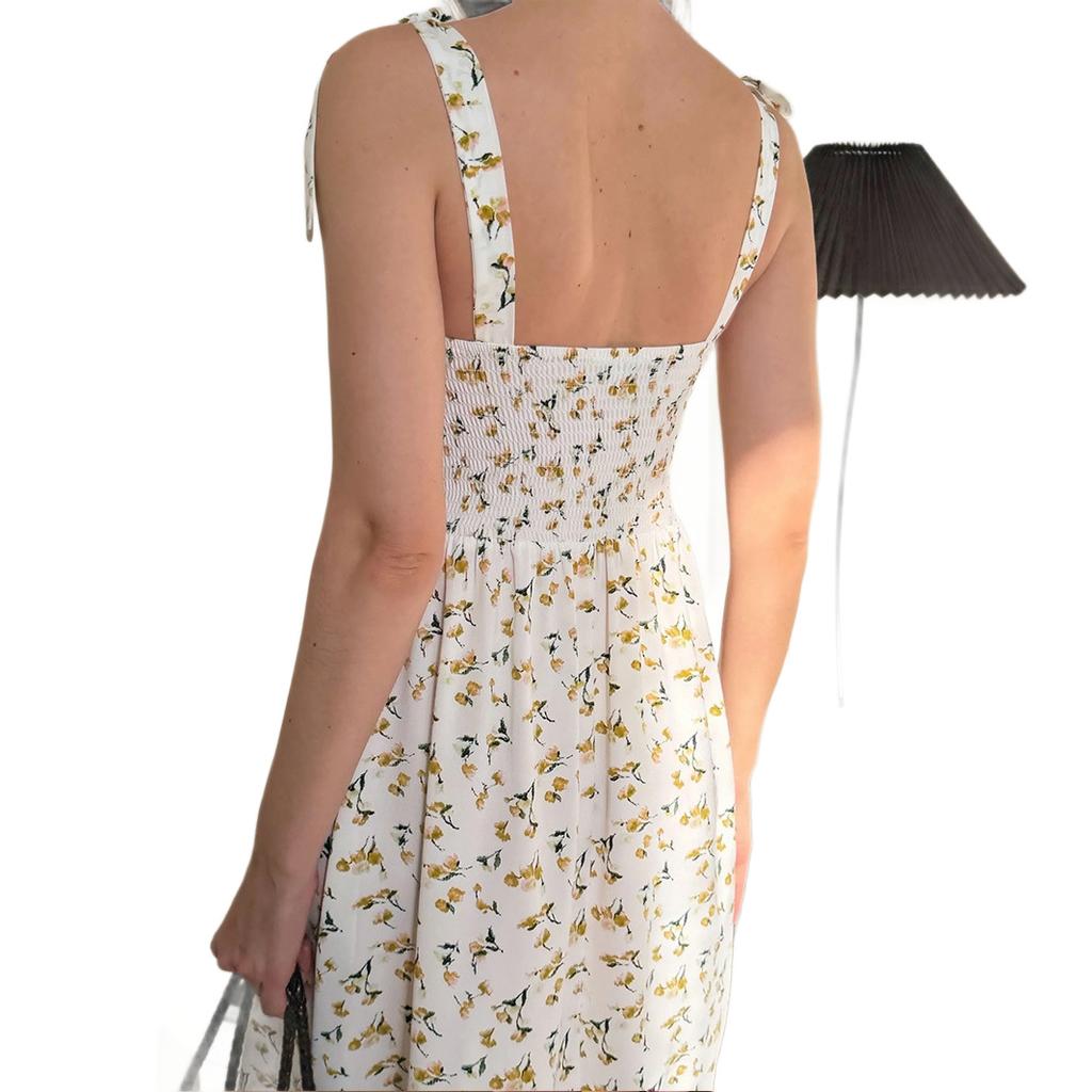Summer French floral suspender dress, lace-up waist slim split A-shaped skirt medium and long vacation skirt