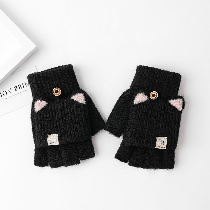 1Pair Cute Mittens Flip Half Finger Glove For Women Girls Winter Soft Warm Thick Gloves Student Cold Resistant Writing Gloves