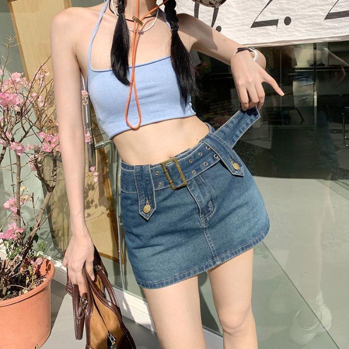 

Универсальная джинсовая мини-юбка с высокой посадкой - Трендовый американский ретро-стиль L