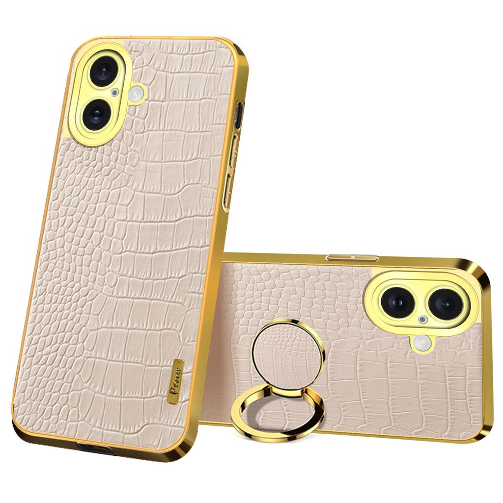 For iPhone 16 Plus Case Crocodile Texture Ring Kickstand TPU+Leather Electroplating Phone Cover