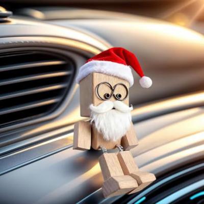 Christmas Shaking Wooden Man Figurine with Santa Hat And Beard Handmade Shaking Feet Wooden Doll with Magnetic Expressions for Car