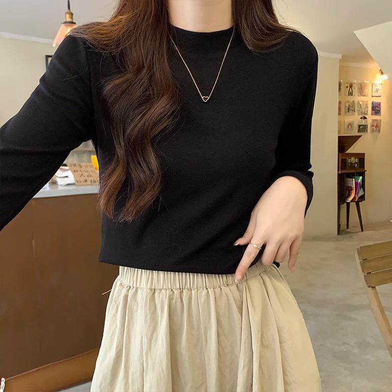 

Футболка бордового цвета с длинным рукавом и правым плечом для женщин на осень и зиму с небольшим воротником-стойкой, простой и универсальной облегающей низ. L