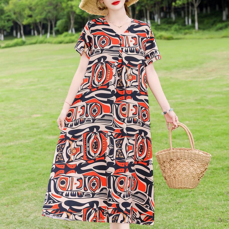 Elegant Women's Dresses Summer Vintage Clothes Plus Size Short Sleeve Casual Loose Long Dress