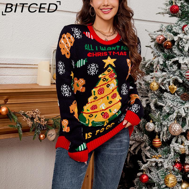 BITCED Women's Casual Oversized Slouchy Sweater Christmas Tree Contrast Colour Jacquard LED Colour Lights Christmas Sweater