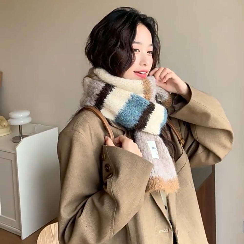 Thickened Multicolor Cashmere Shawl Windproof Women Winter Scarves Knitted Stripe Scarf  Autumn