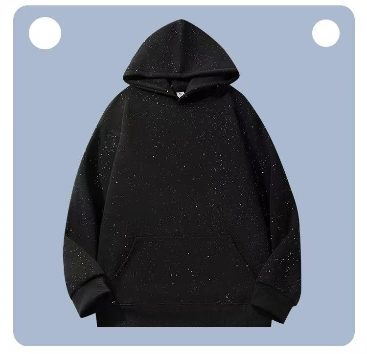 Winter starry sky is fashionable, shiny, slightly shoulder-falling hooded long-sleeved sweatshirt base shirt jacket
