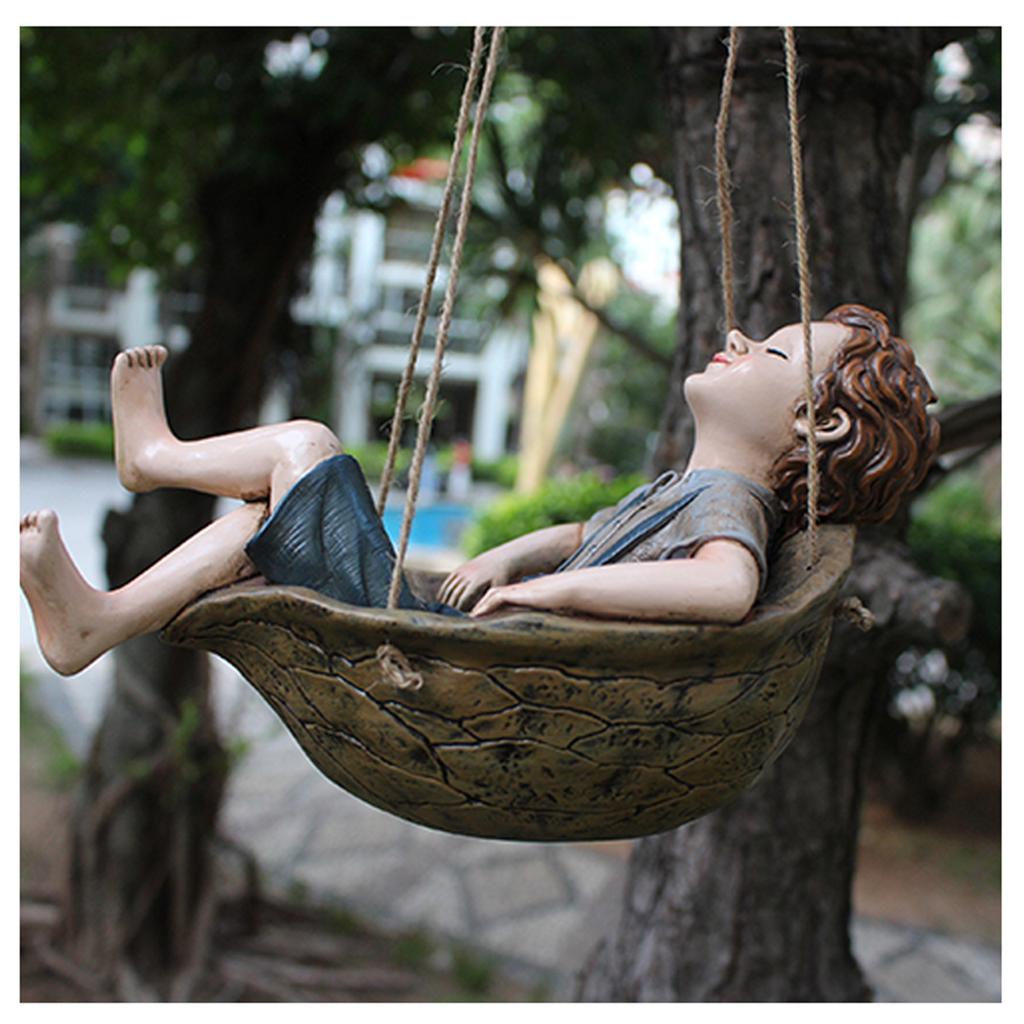 Swing Boy Statue Leisurely Atmosphere Garden Resin Sculpture Ornament for Home Office Desktop Living Room Book
