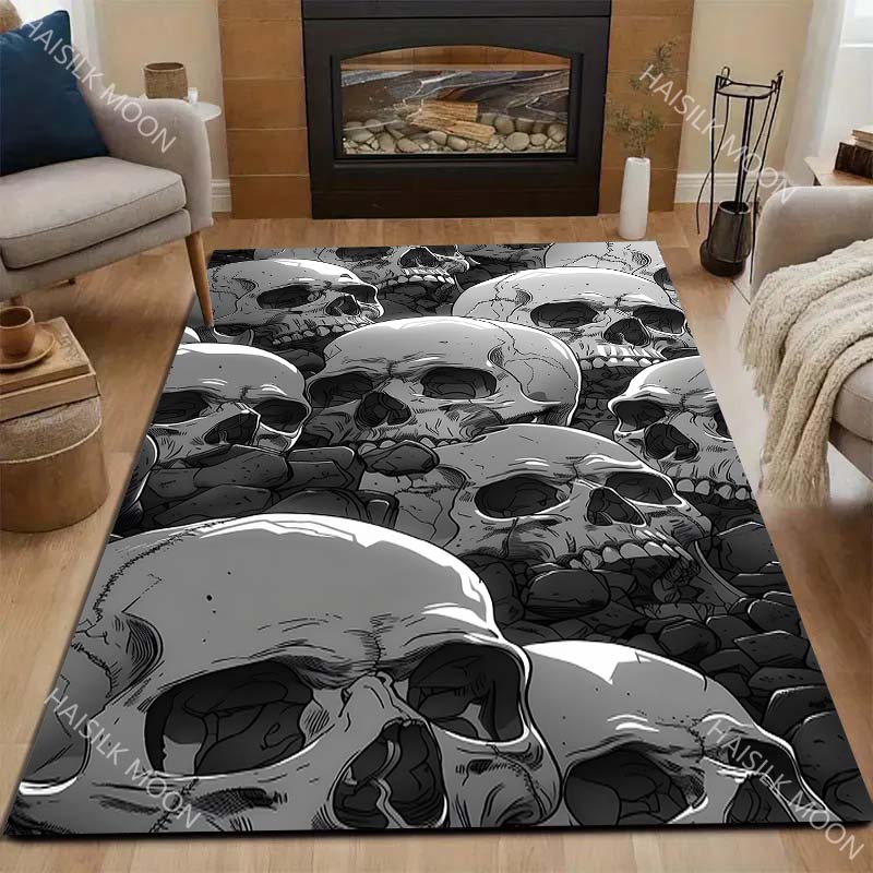 Black Art Skull Printing Carpet for Living Room Bedroom Bedside Floor Mat Sofa Table Area Rugs Home Decor Halloween Gift