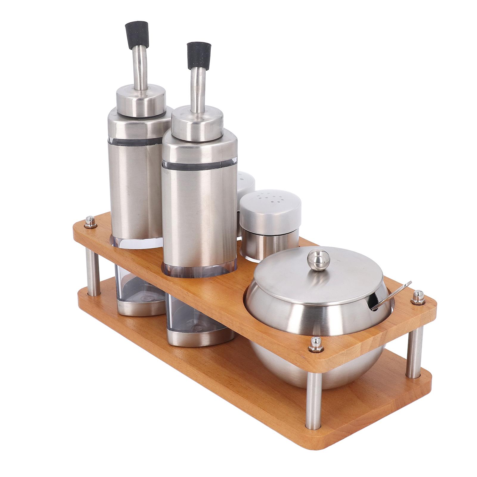 

Набор диспенсеров для приправ для кухни с деревянной подставкой, многофункциональный набор бутылок для масла и уксуса для соли, сахара, уксуса, специй L