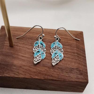 Böhmische Pfauenfeder Anhänger Ohrringe - Retro Hellblau Antik Silber Schmuck