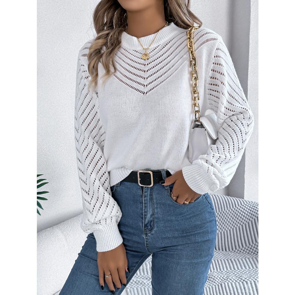 Neuankömmling Damen Sweatshirt Herbst/Winter Lässig Einfarbig Rundhalsausschnitt Schnürung Glockenärmel Pullover Damen Strickpullover