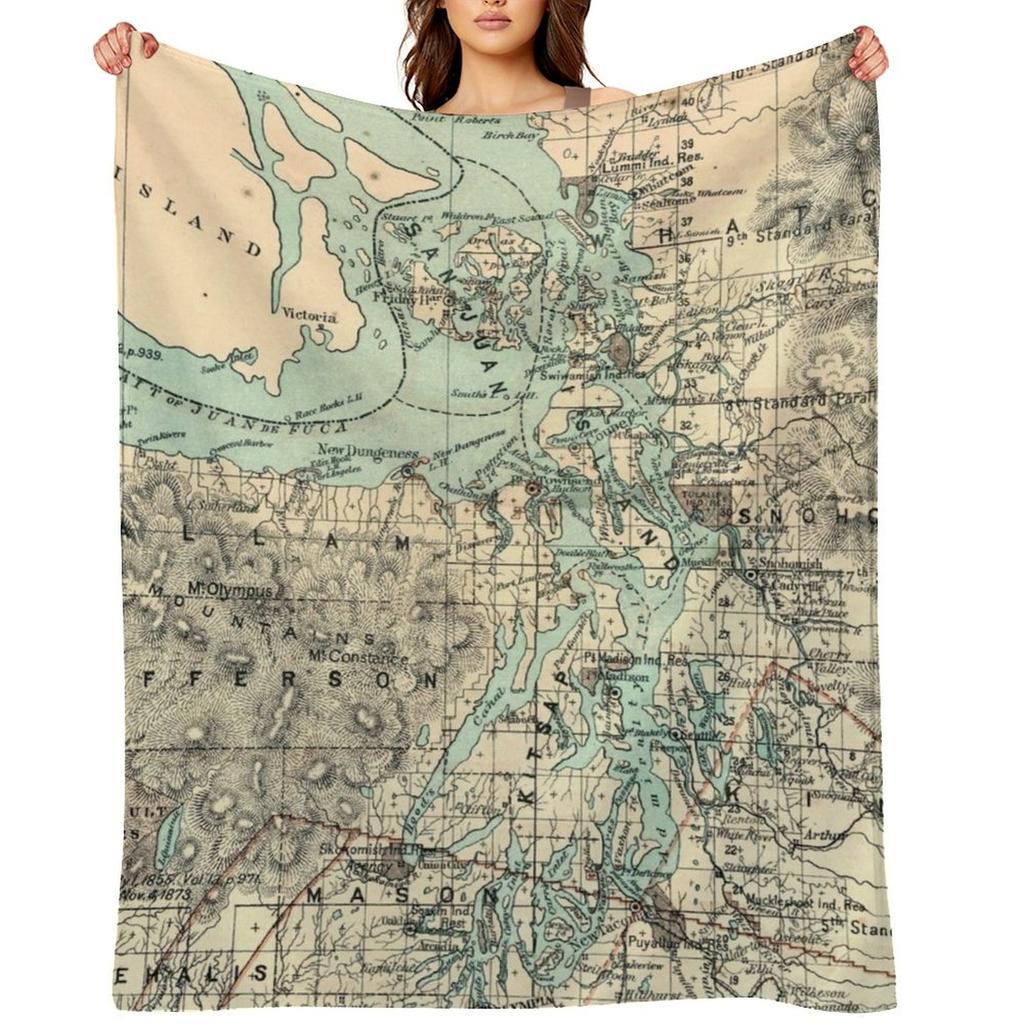 Vintage Map of The Puget Sound (1883) Throw Blanket For Decorative Sofa Camping Polar Bed Blankets