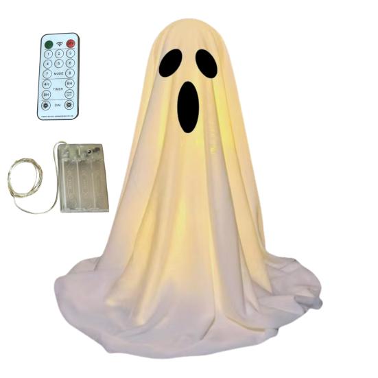 LED svítící figurka ducha Halloween Vnitřní dekorace ducha z bílé látky s dálkovým ovládáním pro domov, kuchyň, krbovou římsu, stůl, stolní desku, party dekorace