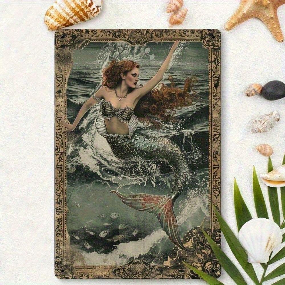 Vintage Mermaid Tin Sign Metal Wall Art 8x12 Inch Home Bar Cafe Decor