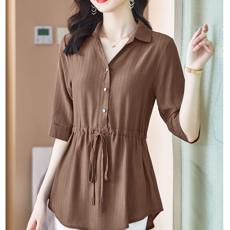 Top Estivo a Mezza Manica con Cinturino in Vita Larga, Camicia Corta a Manica Larga in Chiffon da Donna