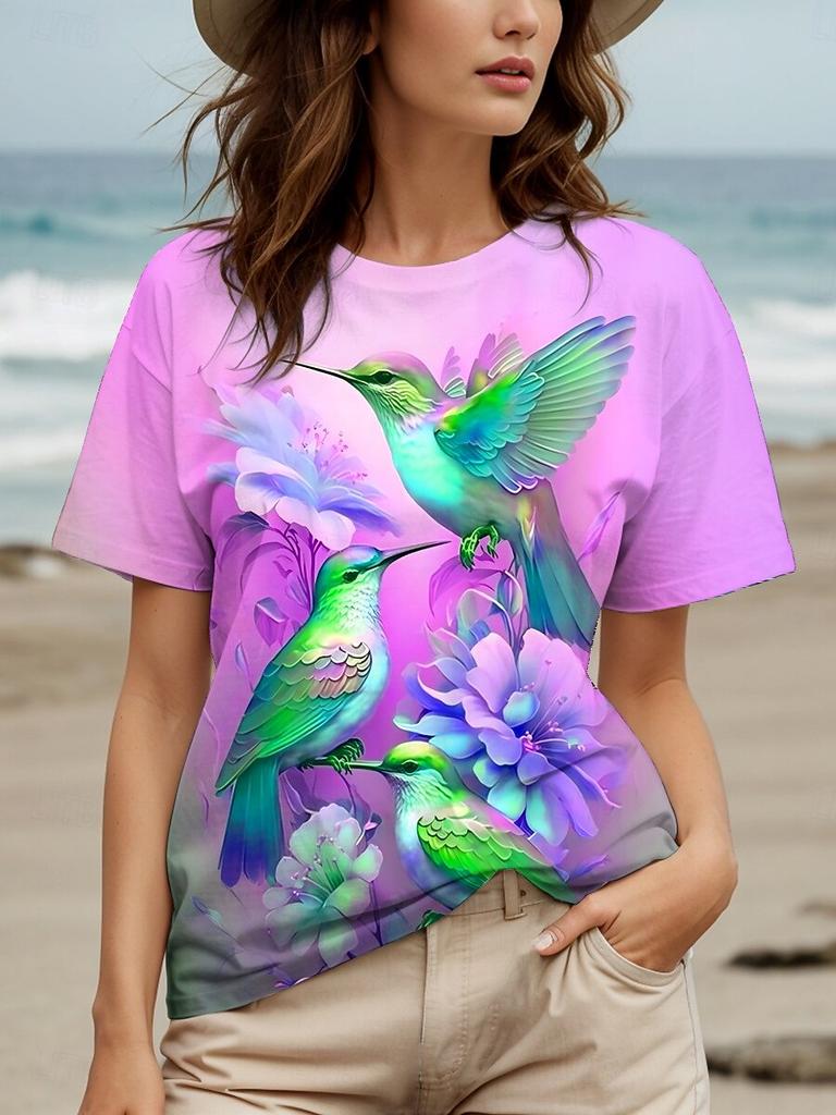 Whimsical Hummingbird Print Casual T Shirt Crew Neck Short Sleeve Tee For Women Summer Holiday And Daily Wear