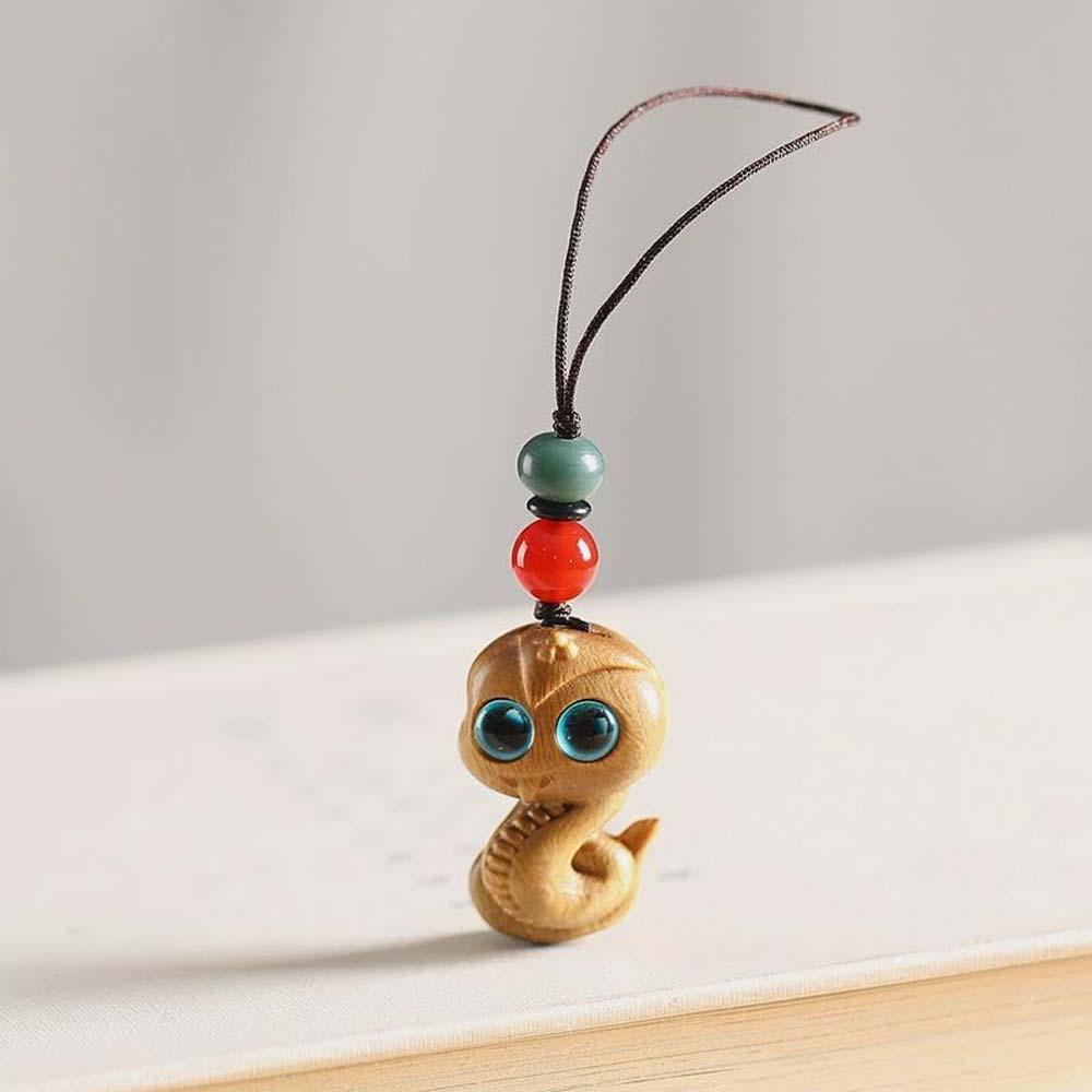Mini New Year Carved Pendant Cyan Eyes Green Sandalwood Phone Chain Ornament  Couple
