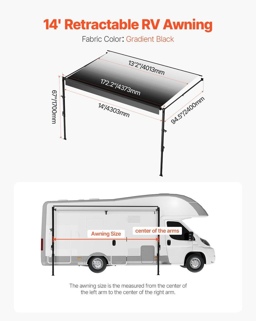 14' RV Replacement Awning Manual Trailer Awning for Most RVs