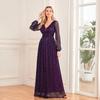 European Style Shiny Pleated Long Sleeve V-Neck A-Line Evening Gown