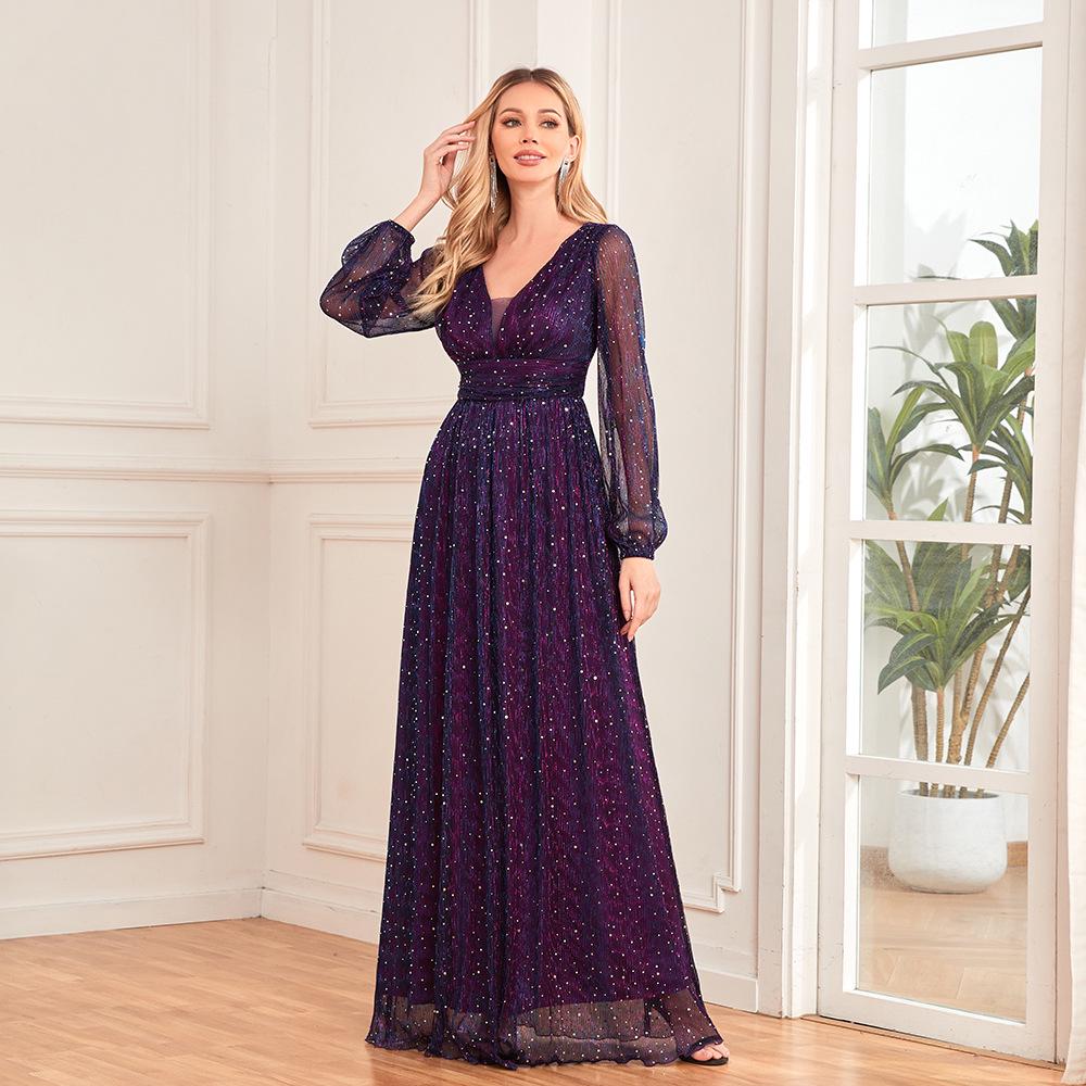 European Style Shiny Pleated Long Sleeve V-Neck A-Line Evening Gown