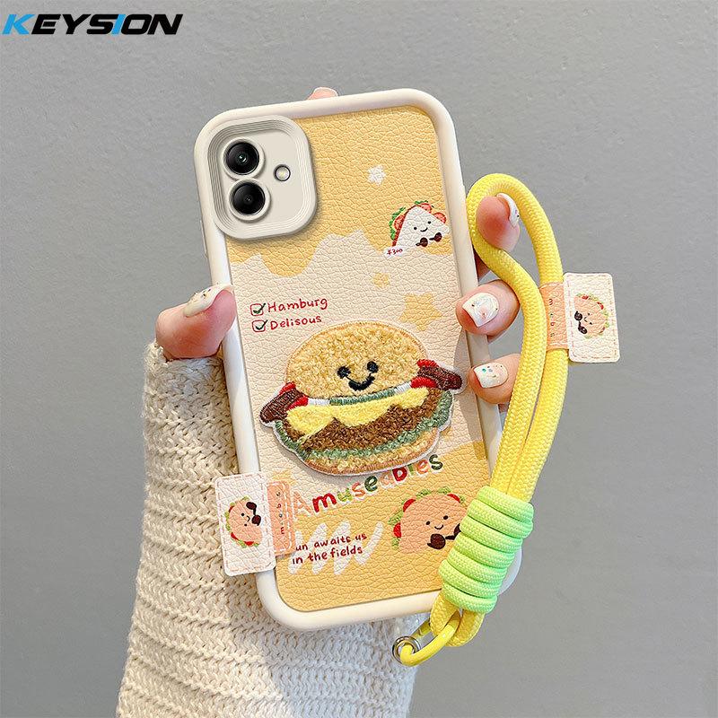 KEYSION Cartoon Cute Plush Embroidery Case for Samsung A07 4G with Lanyard Silicone Shockproof Phone Cover for Galaxy A07