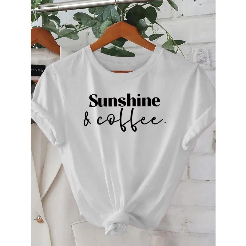 

Women S Pink Sunshine & Coffee Graphic T-Shirt - Casual, Short Sleeve, Round Neck, Spring/Summer, Machine Washable, Perfect for Outings & Sports, S белый