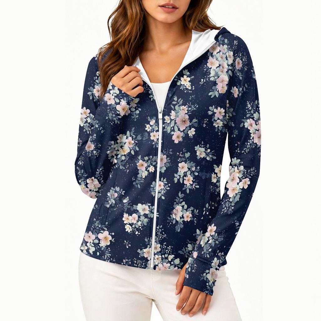 Chaqueta Ligera con Cremallera y Capucha para Mujer, Manga Larga, Estampado Floral, Protección Solar, Ropa Exterior con Bolsillos