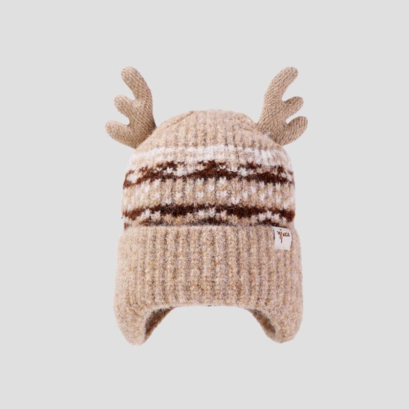 Christmas Antler Knitted Hat Women's Autumn Winter Warm Wool Hat Velvet Ear Protection Cap
