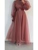 2024 Elegantes Damenkleid mit hohem Halsausschnitt, Netzstoff, schlankmachend, Laternenärmel
