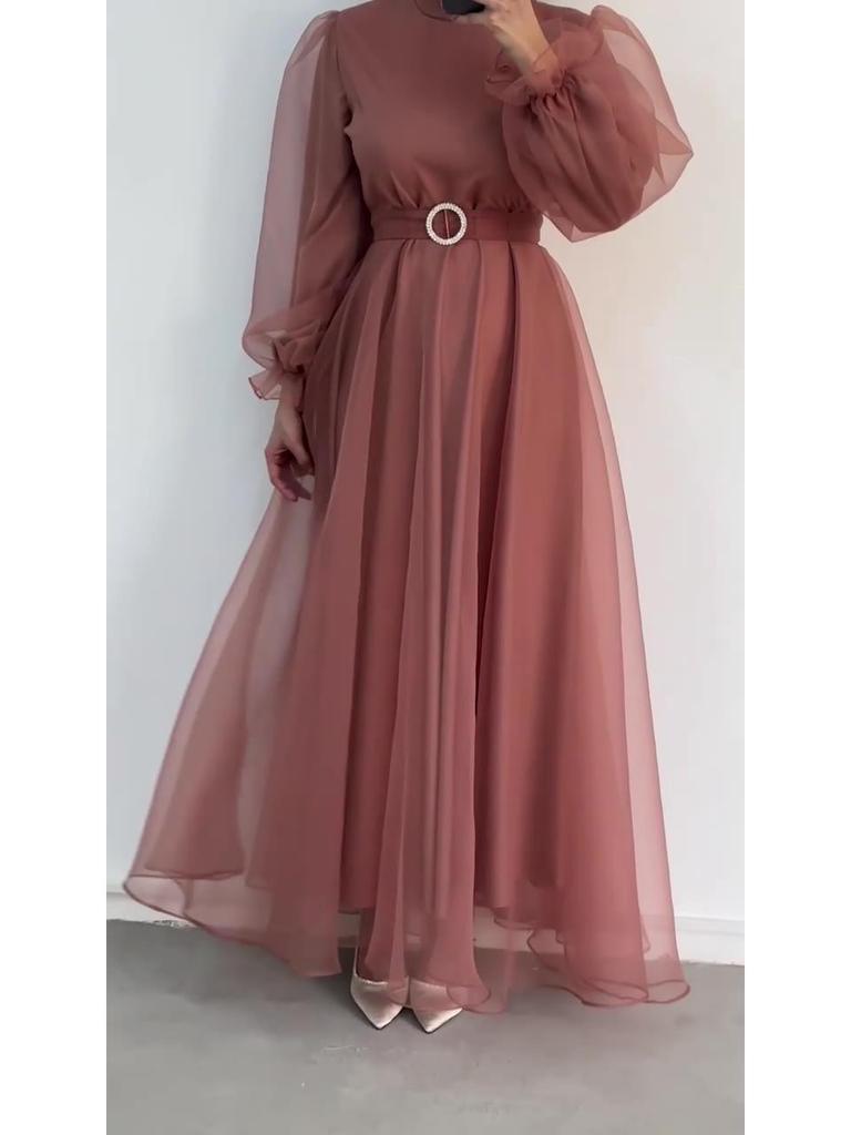 2024 Elegantes Damenkleid mit hohem Halsausschnitt, Netzstoff, schlankmachend, Laternenärmel